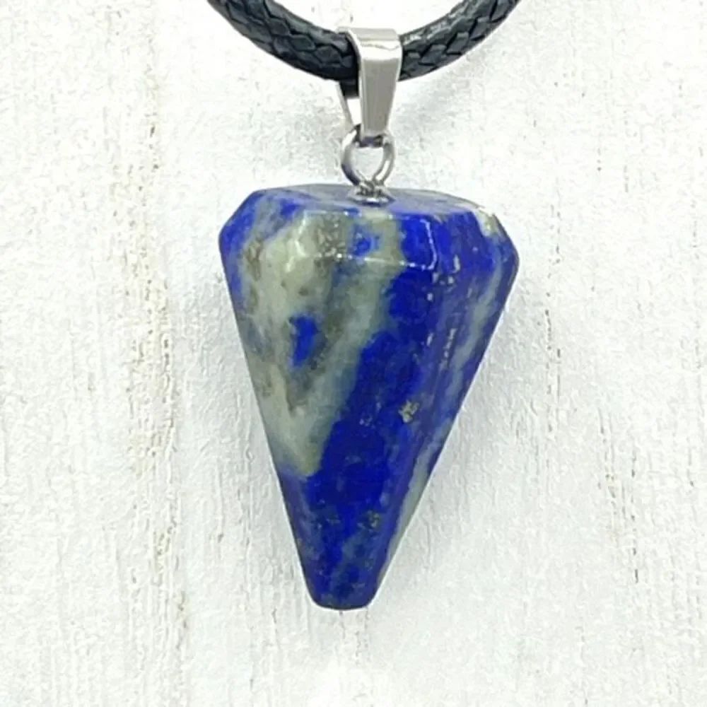 Lapis Lazuli cone pendulum pendant blue white gold pyrite plated 18” chain neckl